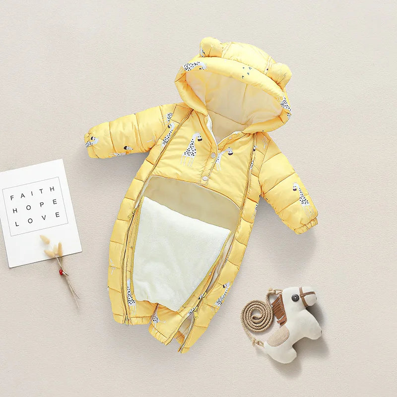 Stylish Cozy Warm Printed Toddler Baby Snowsuit showing zipper closure for easy dressing in cold weather.