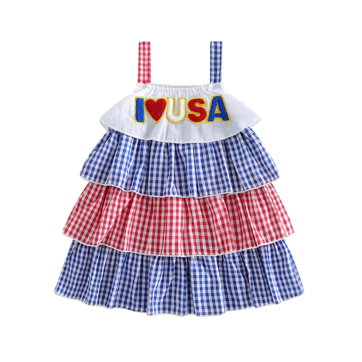 Pauline Patriotic Red, White, and Blue Tiered Toddler Party Dress - Adorable Frills - The Palm Beach Baby Esrimated 13-19 Day Shipping