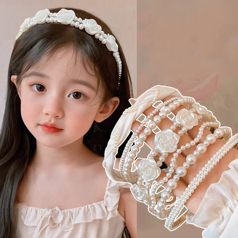Elegant White Pearl Ribbon Rose Flower Hairbands for Girls 4 to 6 Yrs