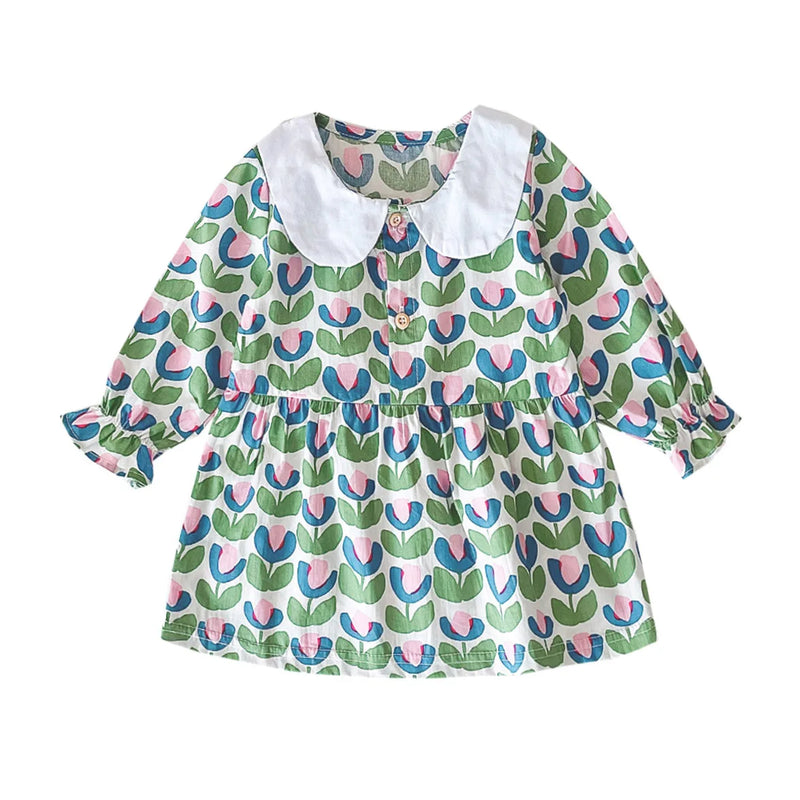 "Mariella" Floral Print Peter Pan Collar Dress in soft green and pink tulip pattern, showcasing a charming Peter Pan collar and stylish lantern sleeves, ideal for toddlers.
