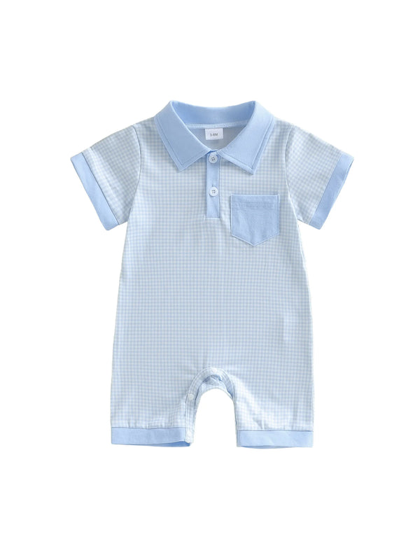 Colton Polo Boys Plaid Knit Romper with chest pocket, turn-down collar, button placket, light blue check.