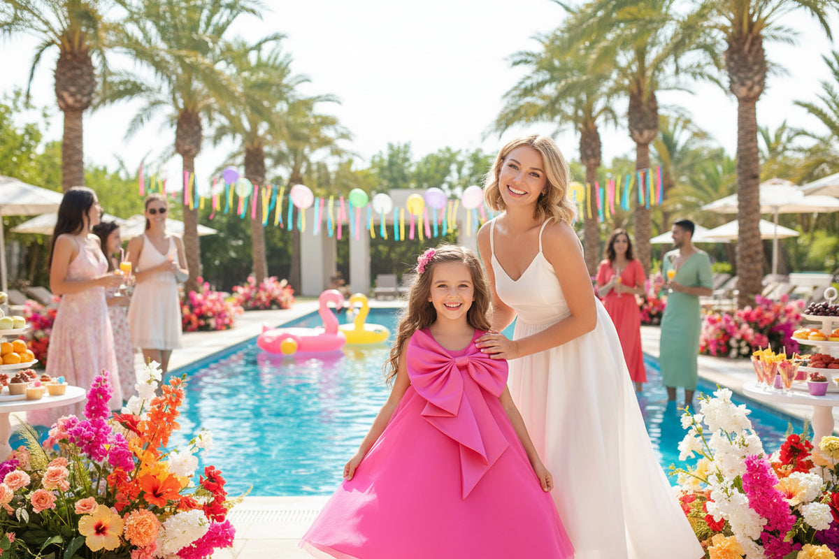 Pink Sari-Elle Elegant Party Dress with Large Bow for girls aged 4–6 at a festive poolside party.
