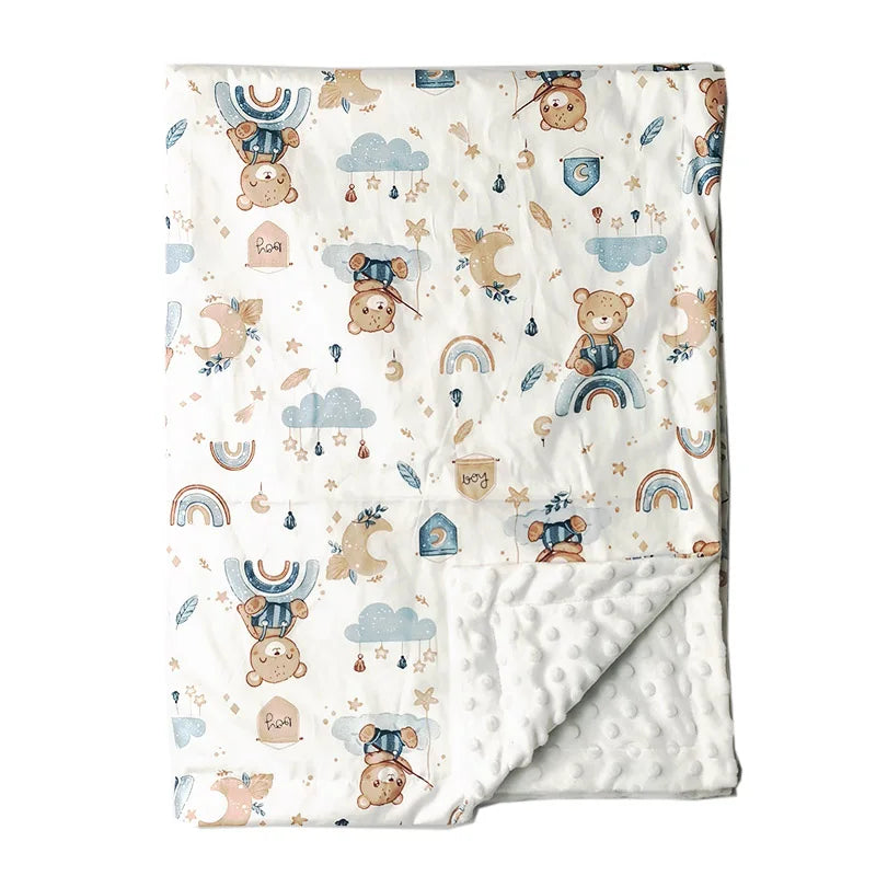 Soft baby minky blanket featuring teddy bears, rainbows, and clouds. Ultra-soft 100x75cm plush_dot design perfect for baby gifts and toddler comfort.