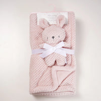 Soft pink 2-piece baby blanket set with plush knit doll and white bow, cozy waffle-knit fabric