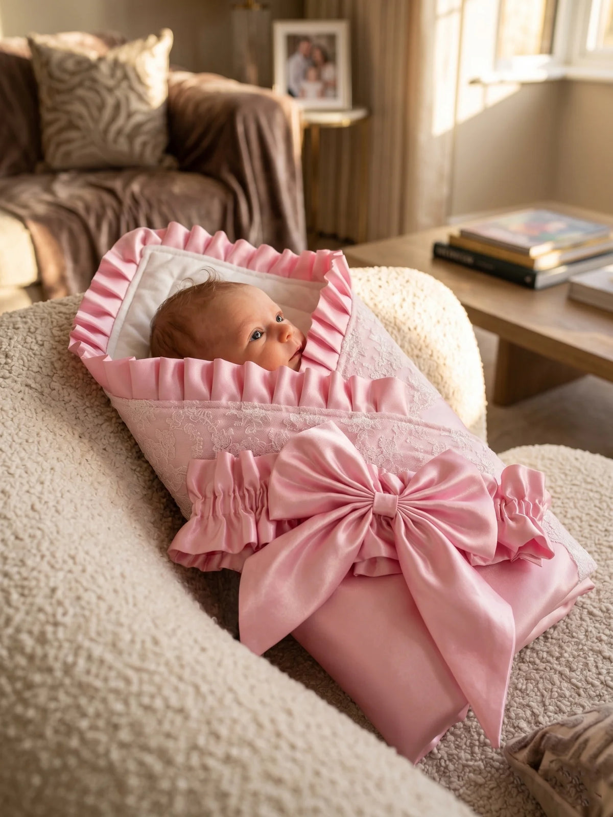 Newborn in Palm Beach pink satin receiving blanket with lace, ruffles, and a large bow