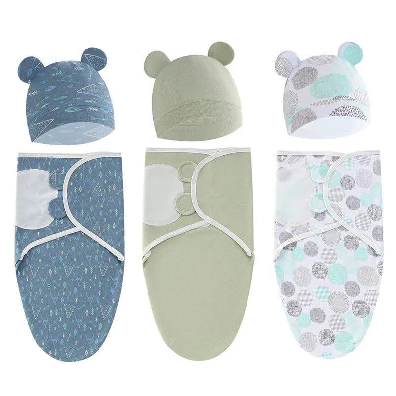 Soothing Baby Swaddle Set Cartoon for Newborns featuring adorable bear hat and patterned swaddle wraps, ideal for 0-6 months.