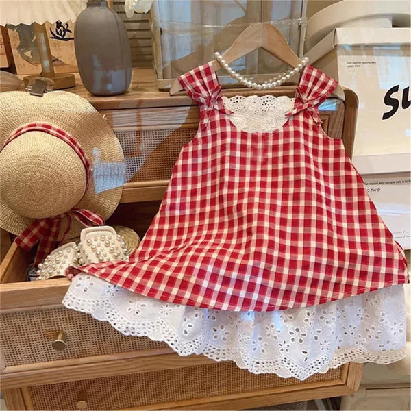red and white checked party dress for babies with eyelet lace hem and shoulder ties