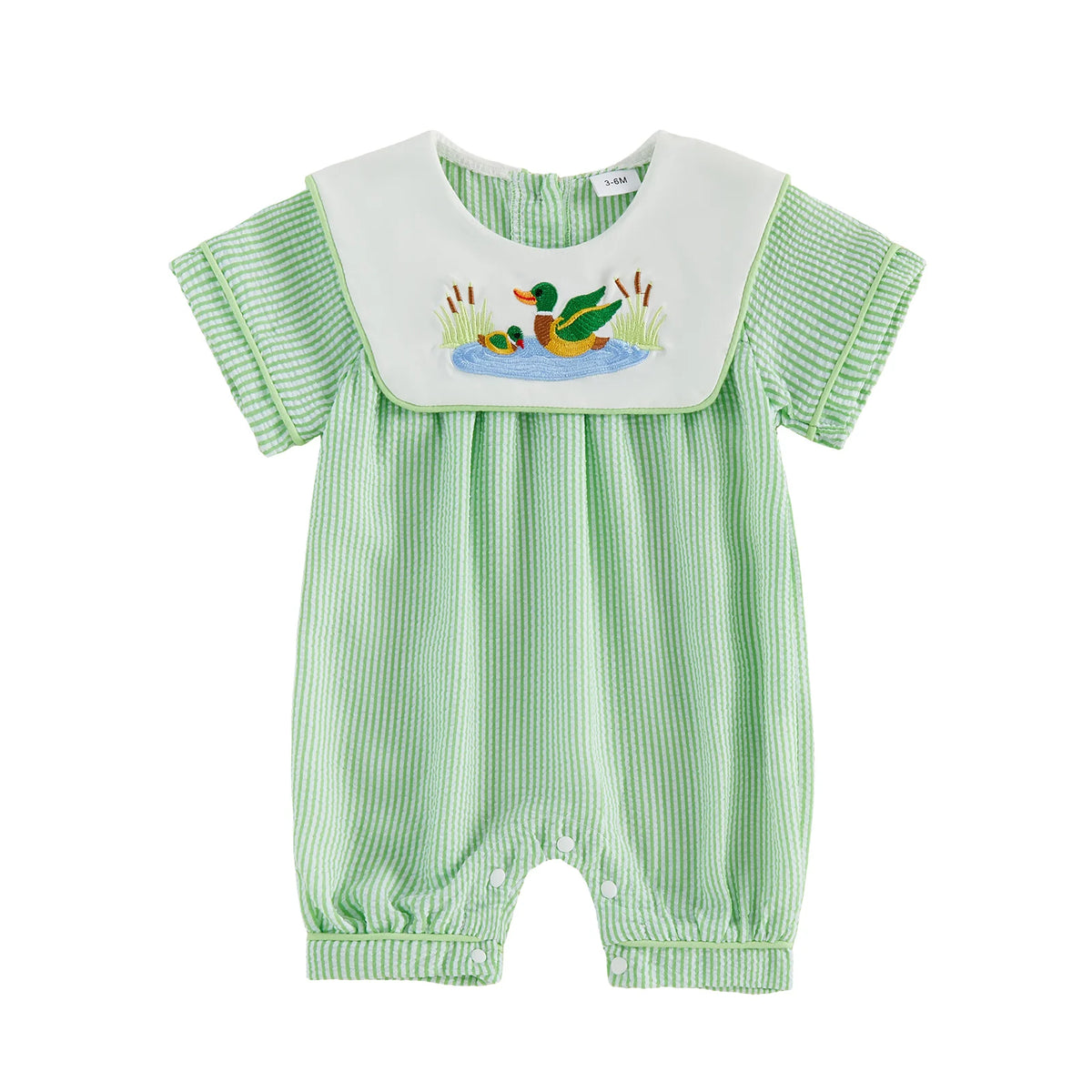 Little Ducky Boys green striped seersucker romper with white bib and embroidered ducks; newborn-18 months, snap bottom.