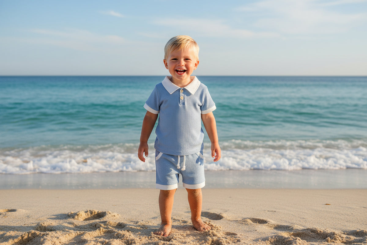 Children's blue checkered outfit with white collar and shorts on a white background