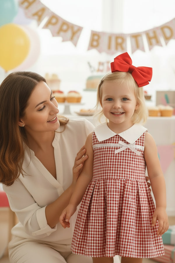 Girls' red and white gingham dress with white Peter Pan collar, bow accents, sleeveless, knee-length.