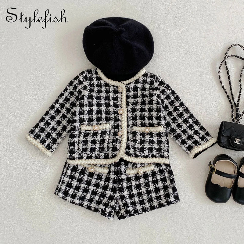 Chic Two-Piece Tweed Shorts and Coat Set - Black and White