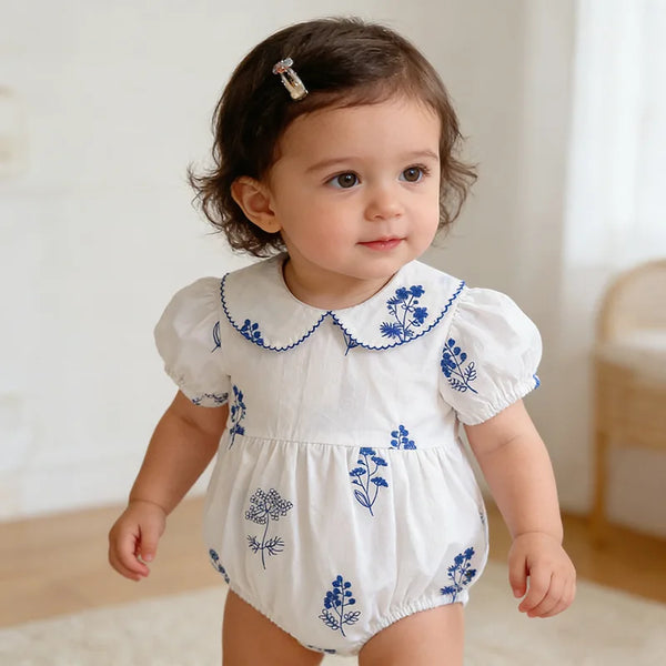 Blue Fleurs Peter Pan Collared Sibling Toddler Bubble Romper 1-24 mos. - The Palm Beach Baby Estimated 12 - 20 Day Shipping
