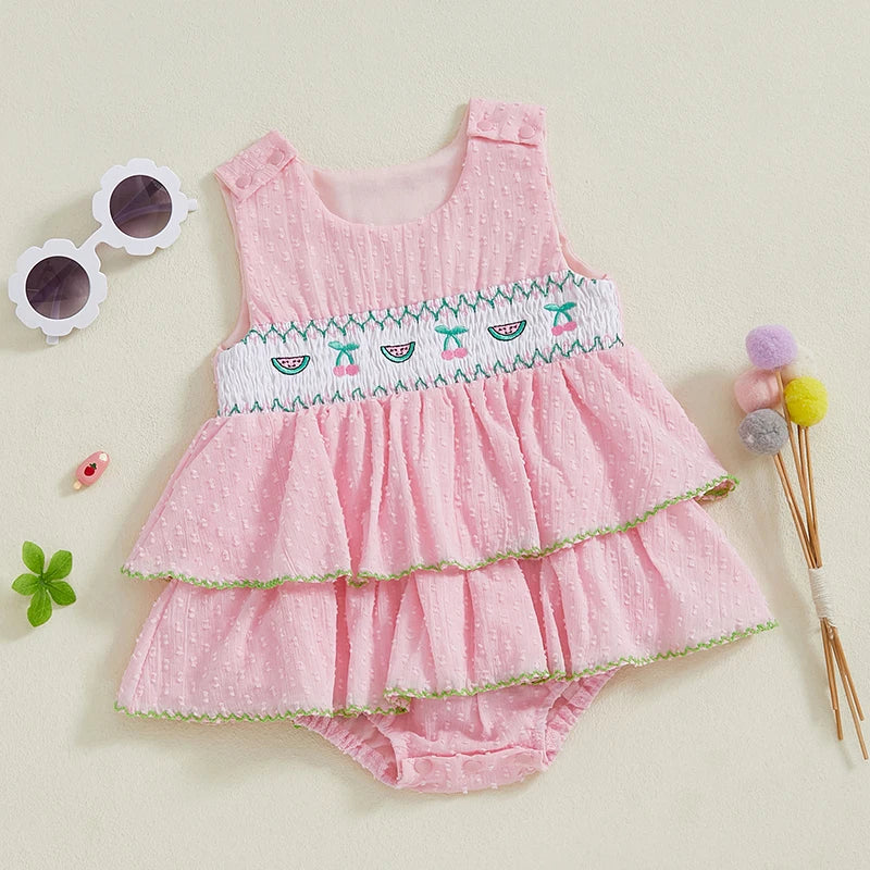 Charming 'Summer Cutie' Baby Summer Romper, showcasing a pink tiered sundress style with embroidered details, ideal for summer outings.