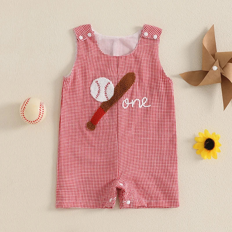 "Baseball Sweetie" Checked Romper