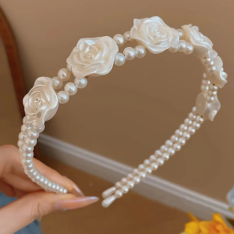 Elegant White Pearl Ribbon Rose Flower Hairbands for Girls 4 to 6 Yrs