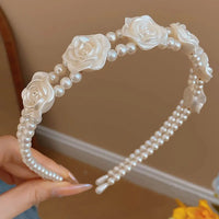 Elegant White Pearl Ribbon Rose Flower Hairbands for Girls 4 to 6 Yrs