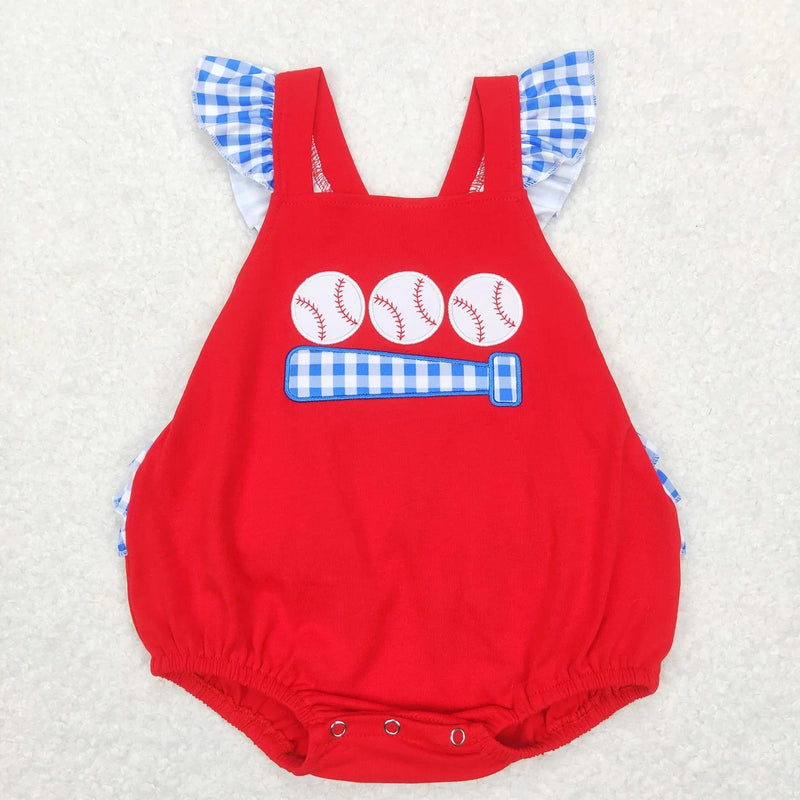 Homerun! Fun In Sun Summer Baby Rompers with ruffled sleeves showcasing a playful baseball print, great for keeping cool.