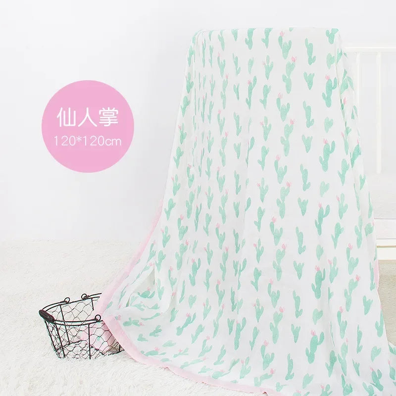 Baby blanket 120x120 cm with cactus print, two-layer bamboo-cotton swaddle, pink edge.