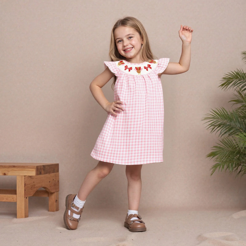"Thanksgiving Seersucker" Embroidered A-line Dress - Pink