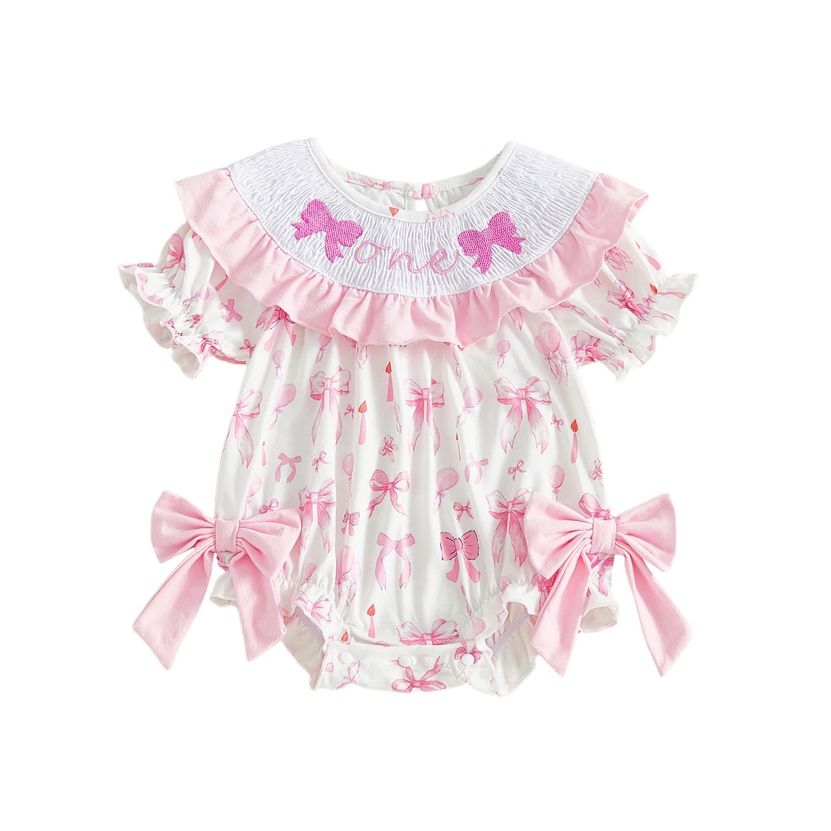 Birthday Frills Smocked Bubble Romper With Adorable Bows - The Palm Beach Baby Estimated 12 - 20 Day Shipping