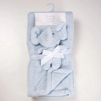 Blue waffle-knit baby blanket set with an elephant plush doll and white ribbon, 2-piece for babies and toddlers.