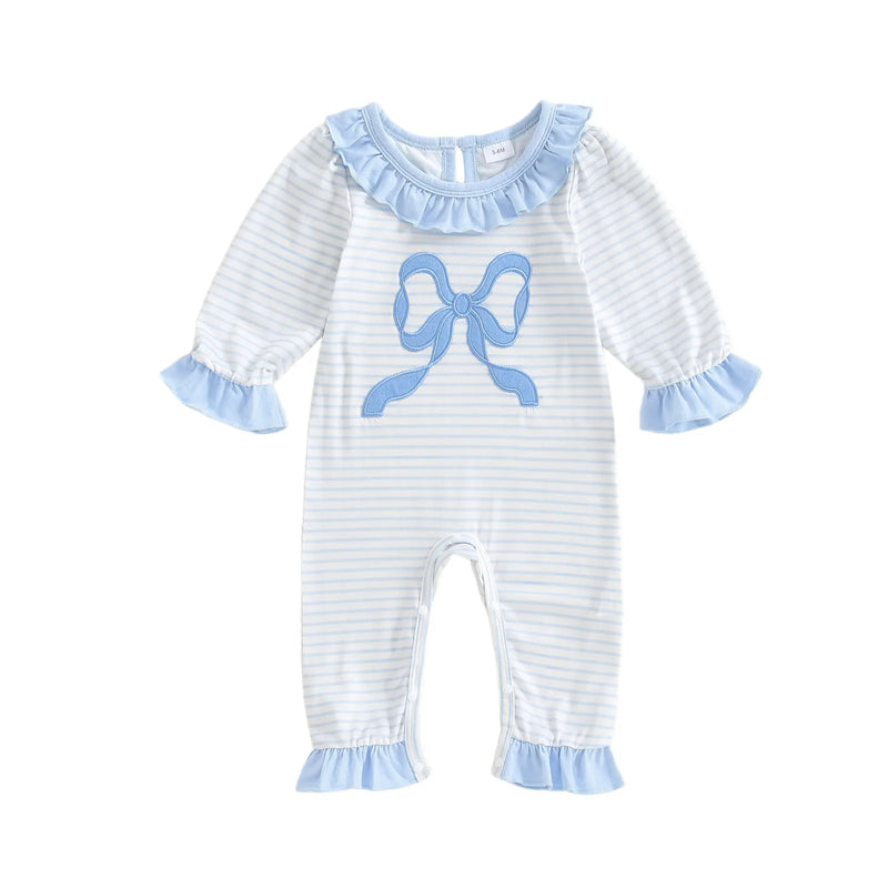 Little Bow Peep adorable long sleeve baby romper featuring a blue bow on a striped background, perfect for stylish infants.