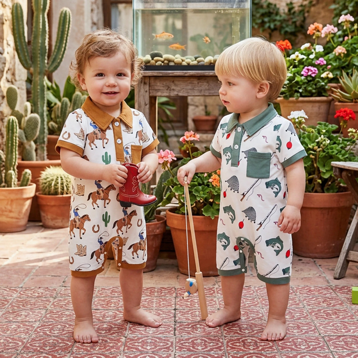 Two toddlers in Adorable Sporty Polo Style Short Sleeve Boys Rompers featuring western and fishing themes outdoors.