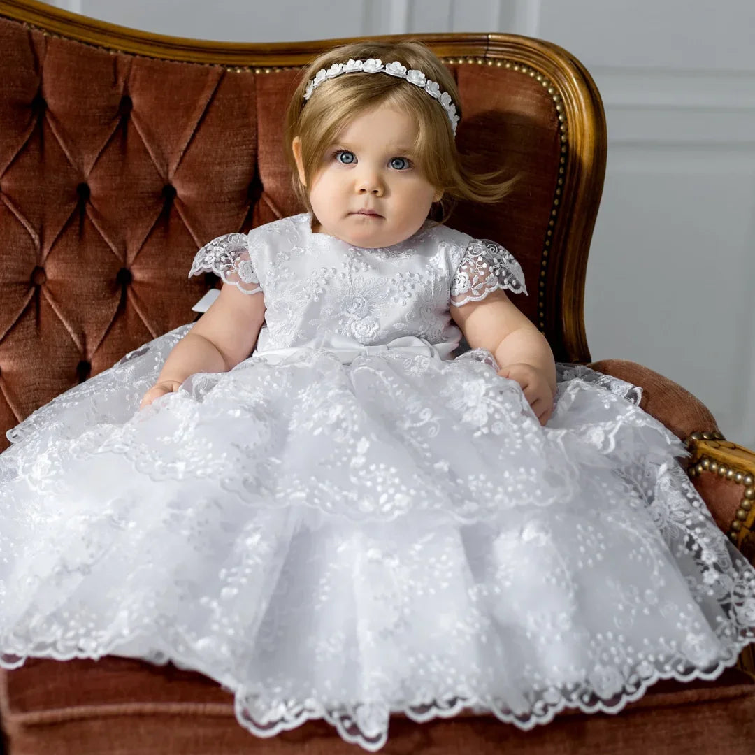 Lucee White Lace Tiered Special Occasion Gown for Girls