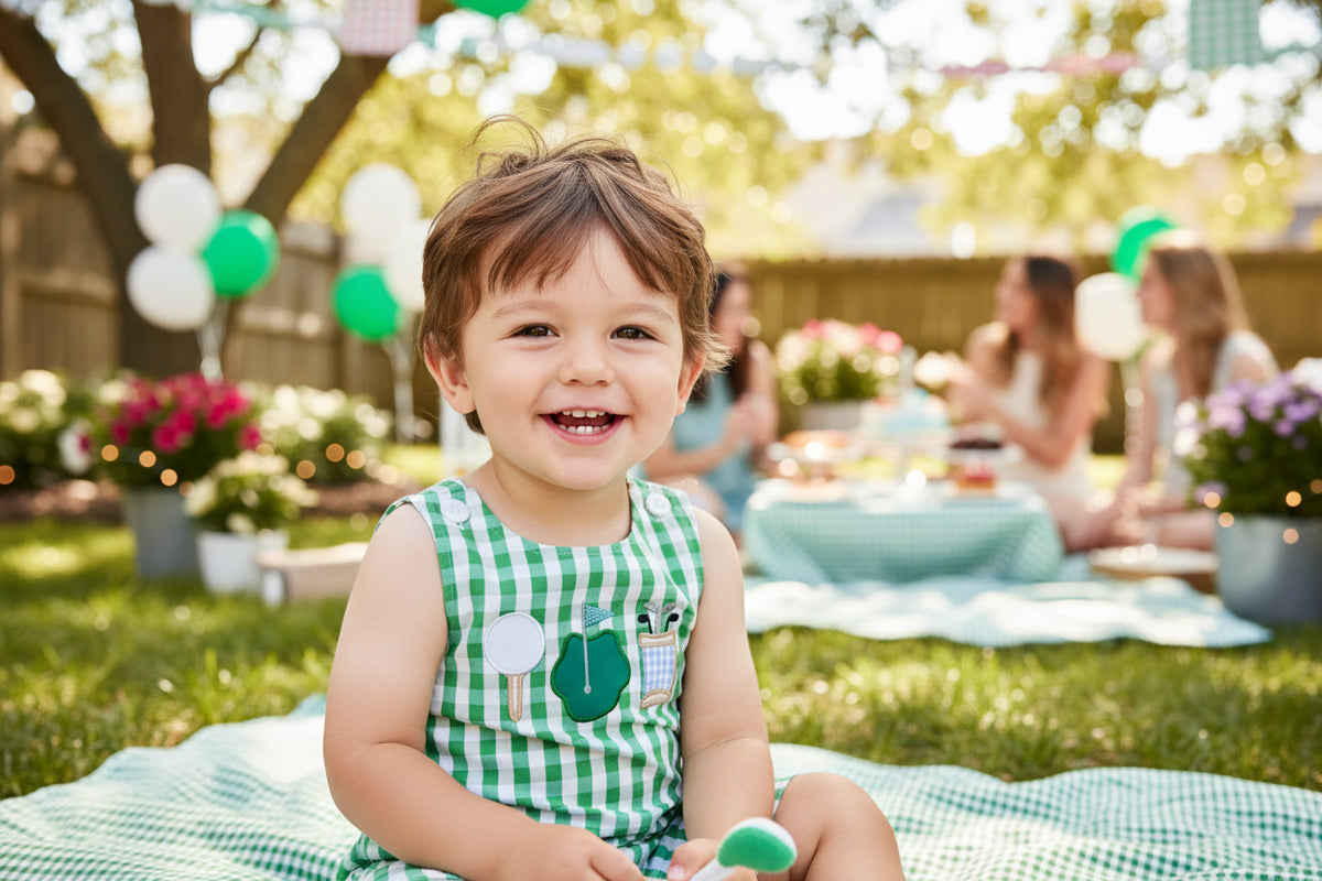 Summer Daze themed green-and-white gingham baby romper with appliqué patches.