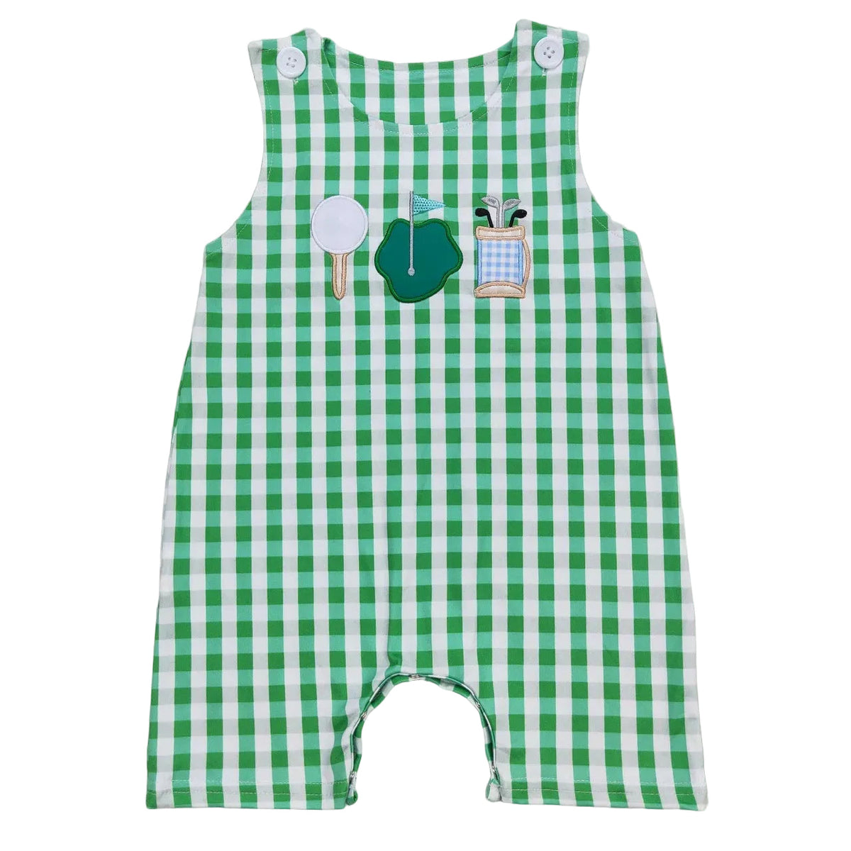 Green and white checkered romper with golf-themed patches on a white background