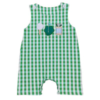 Green and white checkered romper with golf-themed patches on a white background