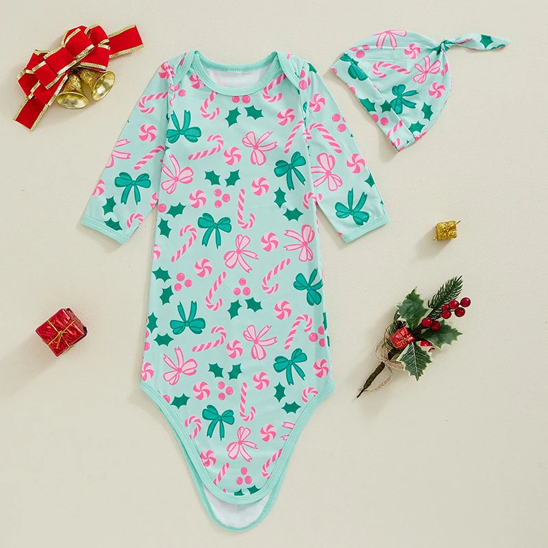 Candy Cane Sweetie Sleeper Swaddle Gown & Hat set in teal, featuring candy canes, designed for easy diaper changes and warmth for newborns, showcasing the baby swaddle gown.