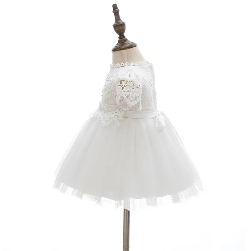 Beatrice Ann elegant white lace dress for girls, knee-length with tulle skirt, appliques, sash waist, lantern sleeves
