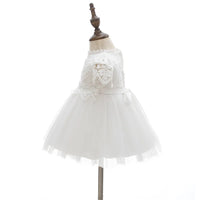 Beatrice Ann elegant white lace dress for girls, knee-length with tulle skirt, appliques, sash waist, lantern sleeves