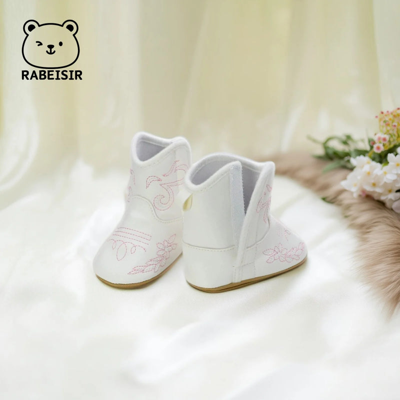 'Cowboy Kate' Anti-Slip Baby First Walker Boots from the back, showing off the comfortable fit and easy Velcro closure.