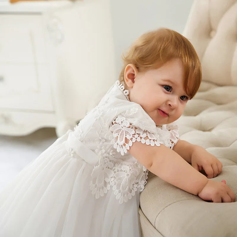 Beatrice Ann white lace dress for little girls; lantern sleeves, appliques, full tulle skirt, knee-length, sash waist