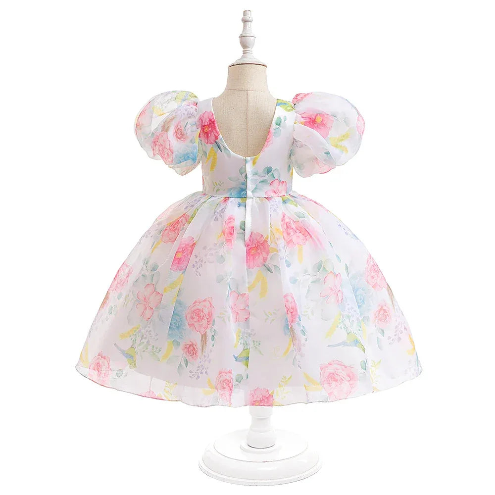 Celeste Elegant Dress for Girls - Puff Sleeves, Ruched Skirt, Wrinkle-Resistant Fabric - The Palm Beach Baby