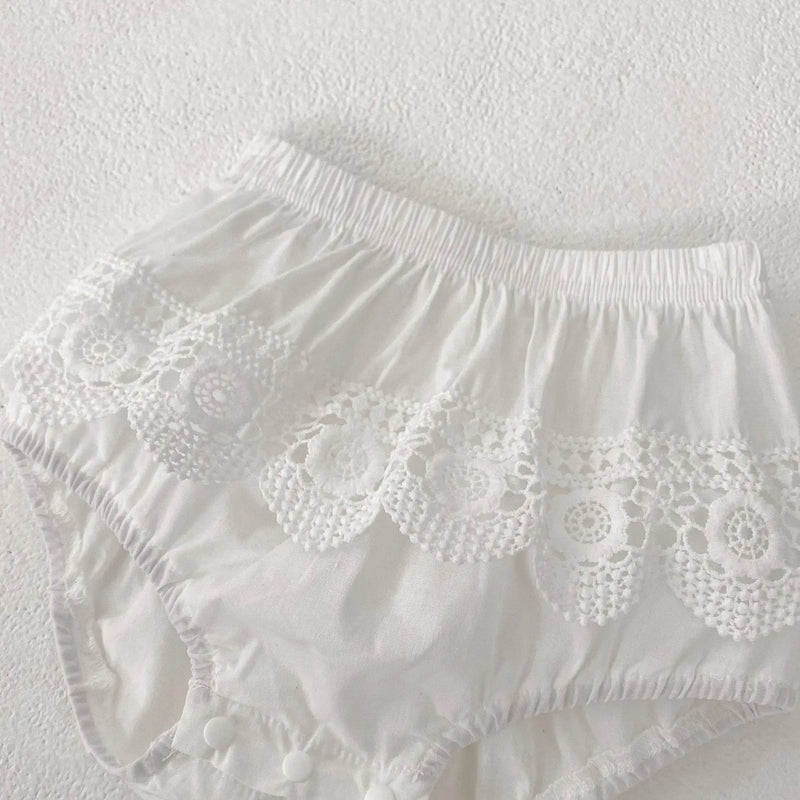 Close-up of the lace detailing on the Summer Sweet Lace Baby's Romper, showcasing soft, breathable cotton fabric with eyelet lace trim.