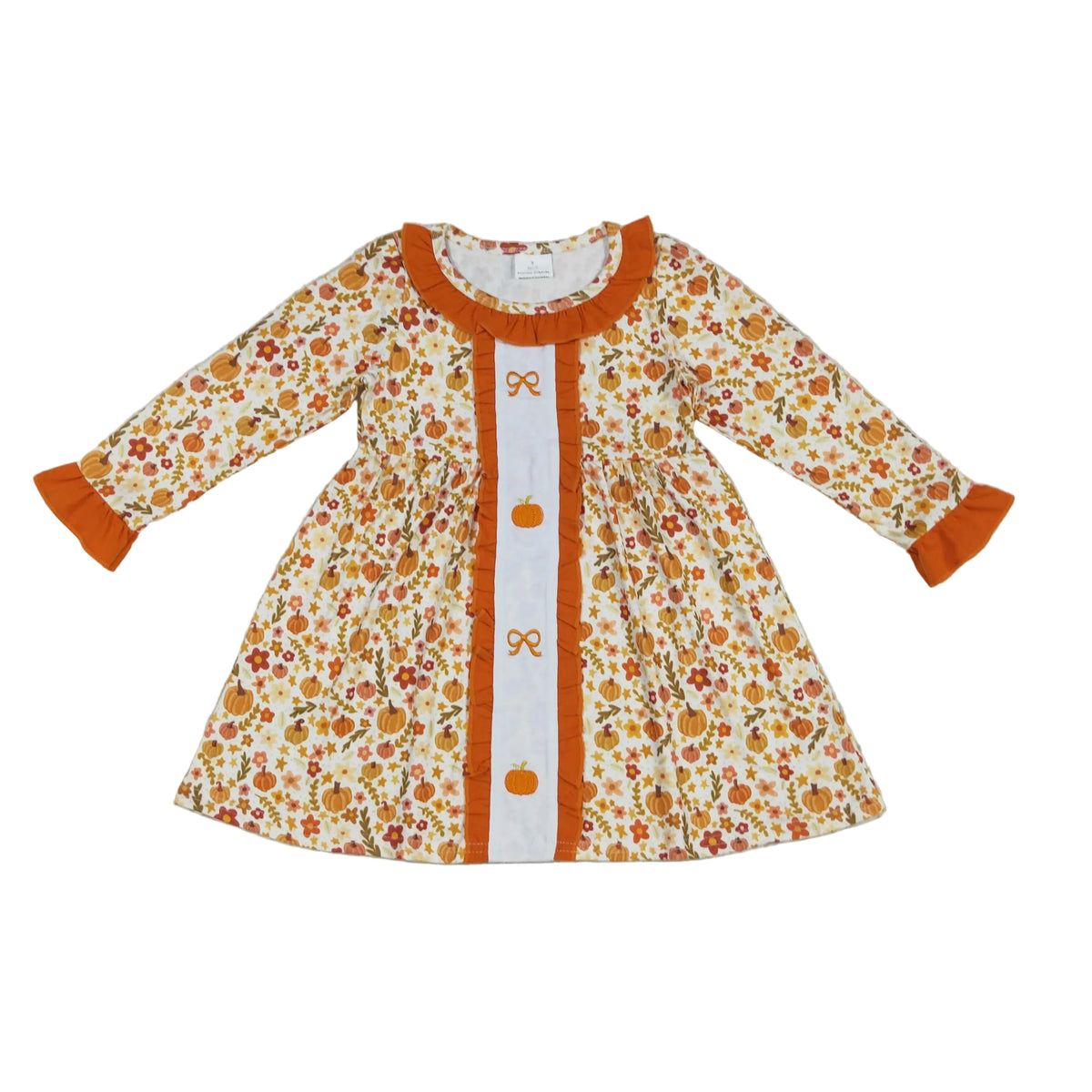 Long sleeve A-line dress with pumpkin and floral print, orange ruffled collar, white placket with embroidered bows and pumpkins.