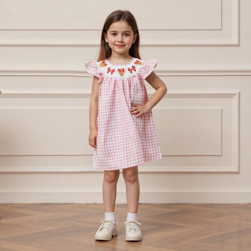 "Thanksgiving Seersucker" Embroidered A-line Dress - Pink