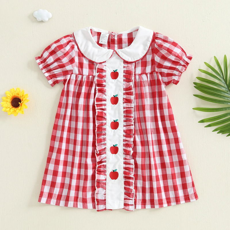 "An Apple a Day" Embroidered Checked Dress