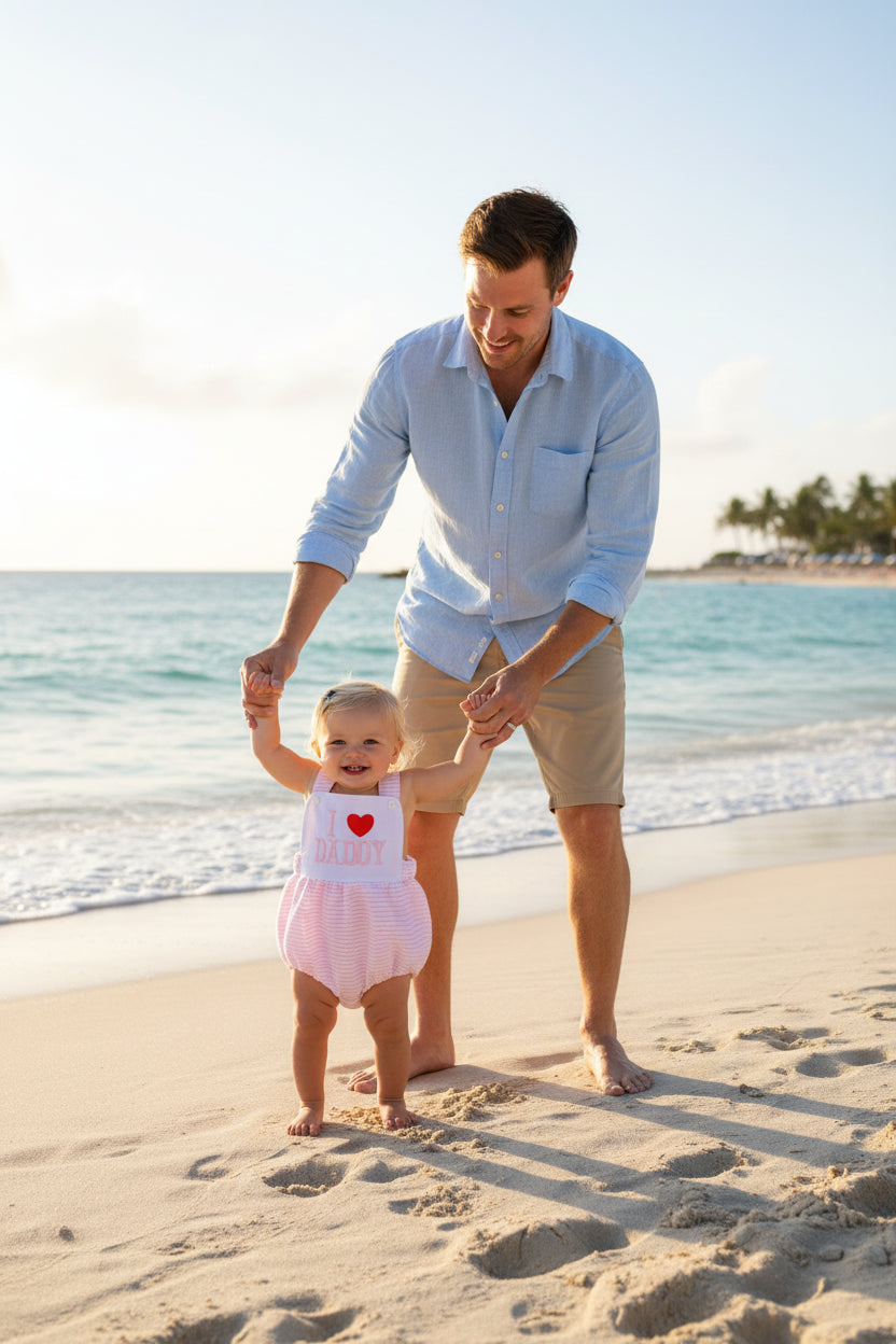 I Love Daddy overalls bubble romper in pink stripes with embroidered heart and pink straps.