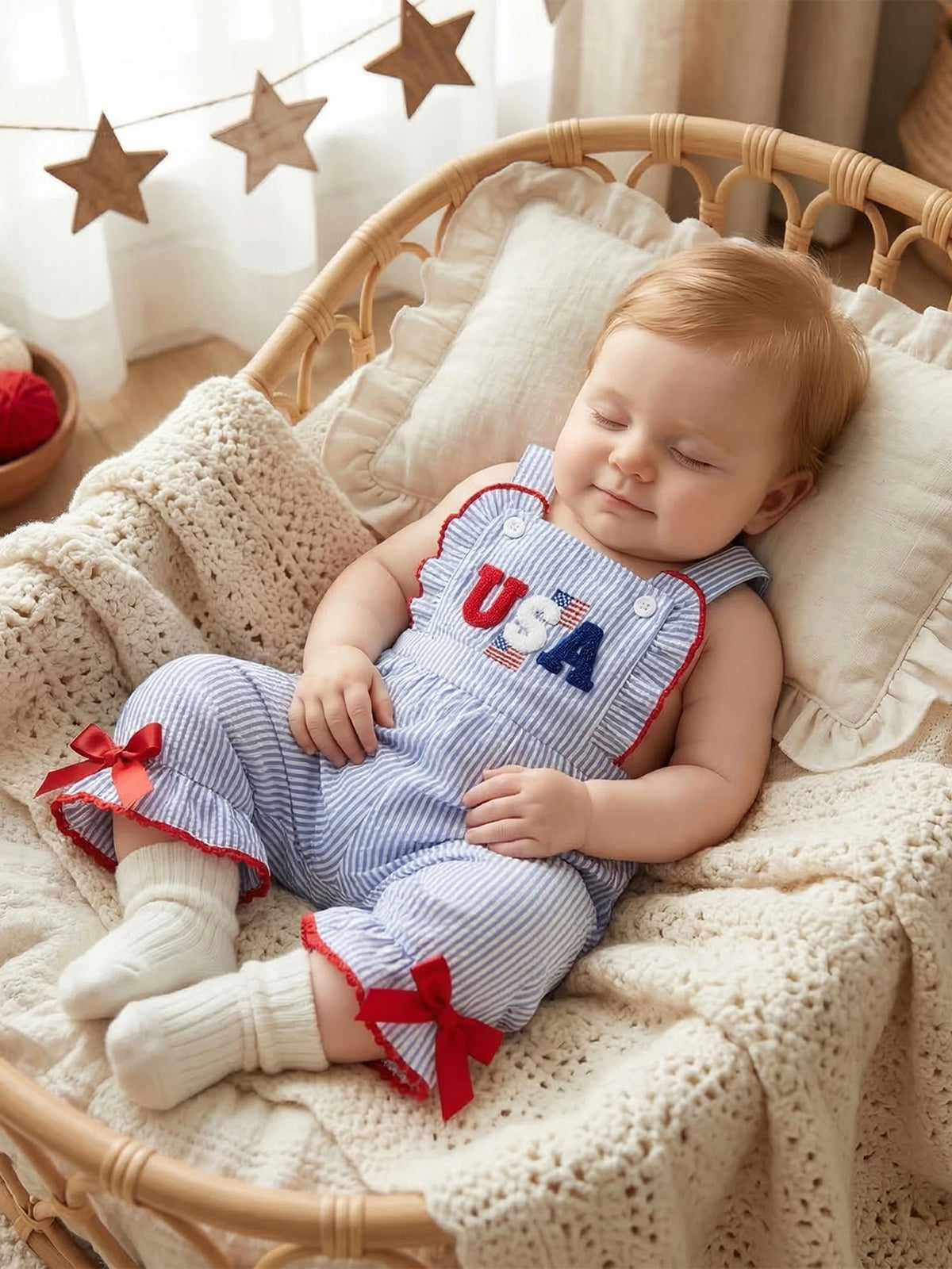 Patriotic Paula Adorable Seersucker Stripe and Flag Print Overalls - The Palm Beach Baby Estimated 12 - 20 Day Shipping