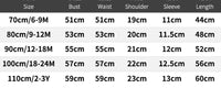 A size measurement chart with a dark gray header and white rows showing measurements in centimeters for size 70cm/6-9M through 110cm/2-3Y, including bust, waist, shoulder, sleeve, and length.