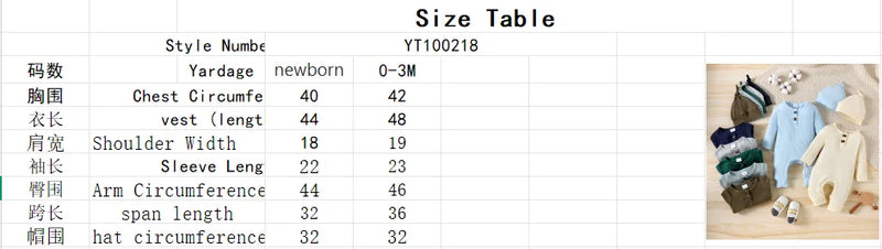 Size table for Carlin Trendy Soft Ribbed Romper & Matching Beanie Set, providing essential sizing details for a comfortable fit.