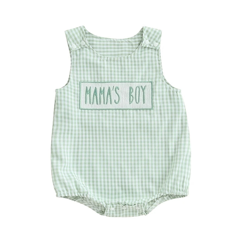 Mama's Boy embroidered check bubble romper in green gingham with shoulder snaps.
