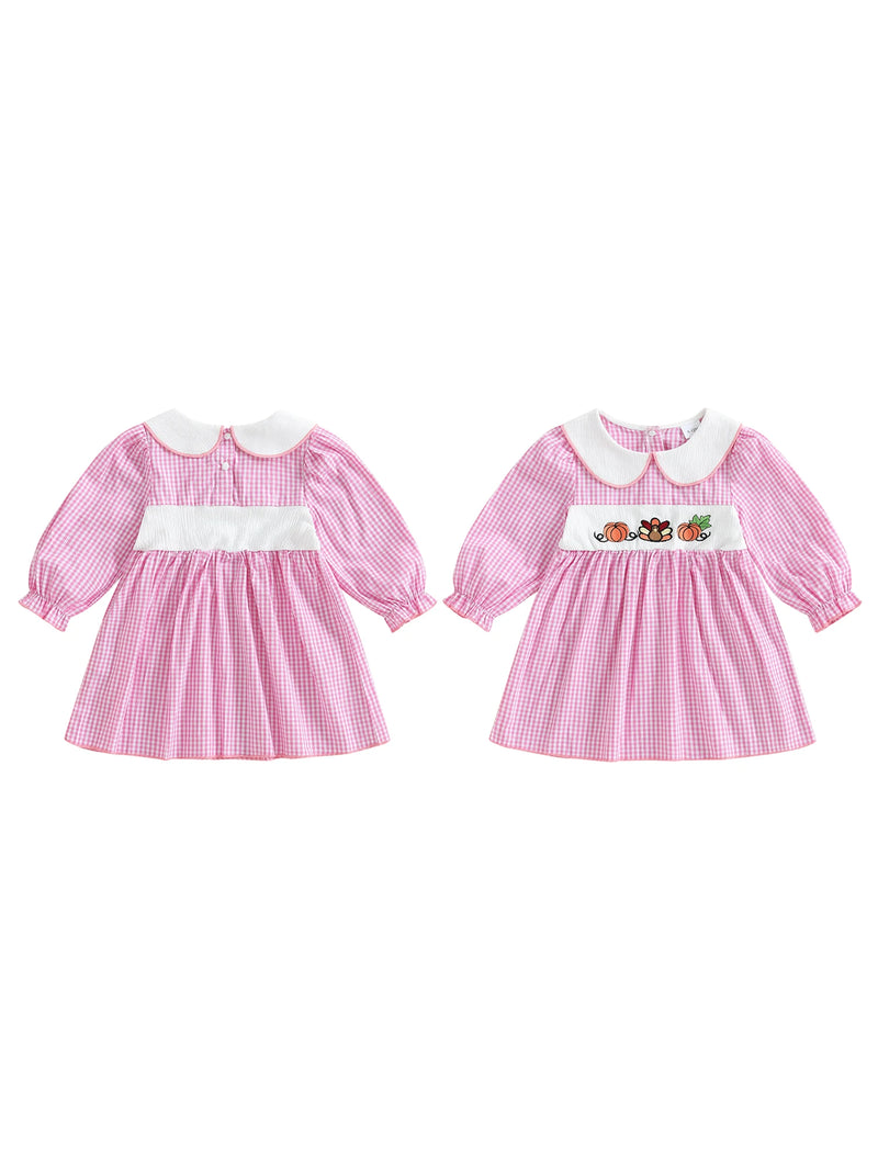 "Pumpkins and Turkey" Embroidered  Plaid Dress for Little Girls - 2 Colors