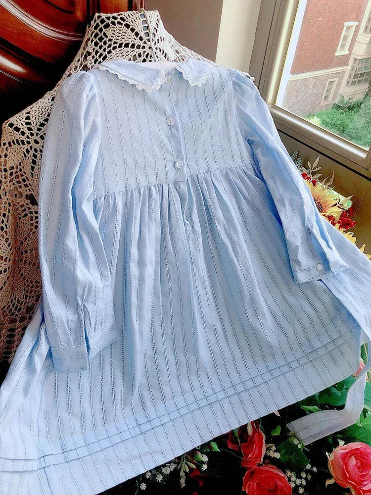 Embroidered Smocked Dress in Blue with Lace Accents and Peter Pan Collar - The Palm Beach Baby