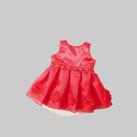 Pink Lara Elegant infant two-piece dress with beaded headband, floral lace belt, perfect for special occasions.