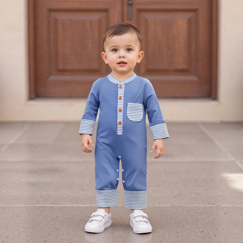 Hudson Button-Down Stripe Romper in blue, worn by a toddler outdoors, highlighting the stylish collar and comfortable fit, perfect for baby fashion.